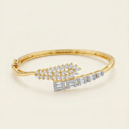 Gold-Tone Open Cuff Bracelet with American Diamonds (Leaf Design)