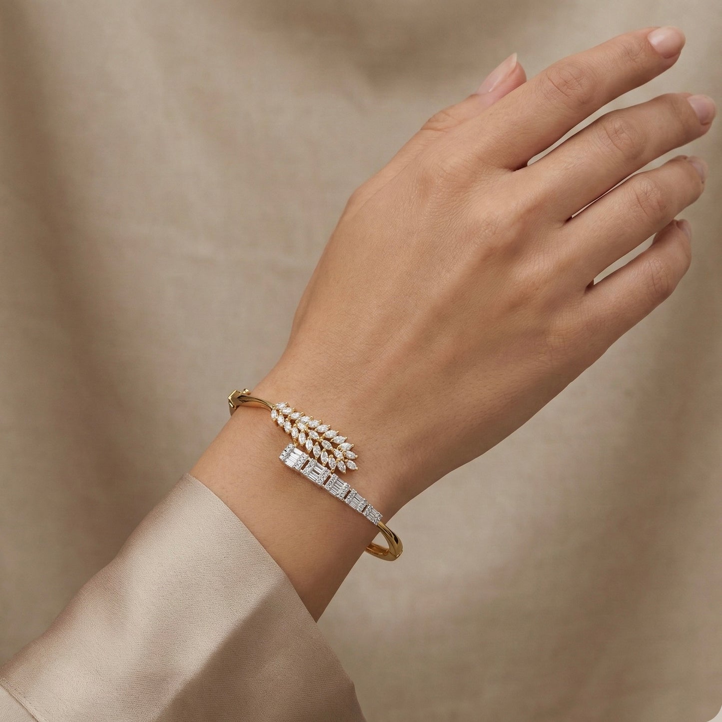 Gold-Tone Open Cuff Bracelet with American Diamonds (Leaf Design)