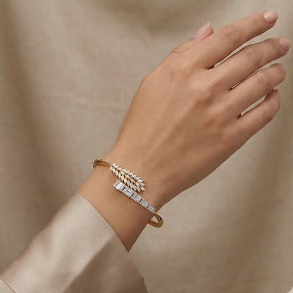 Gold-Tone Open Cuff Bracelet with American Diamonds (Leaf Design)