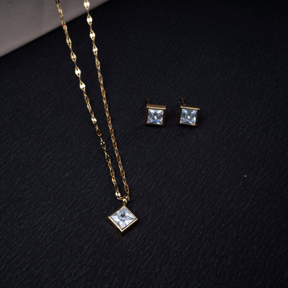 Golden square crystal necklace with matching earrings in gold-tone finish - Revaaj