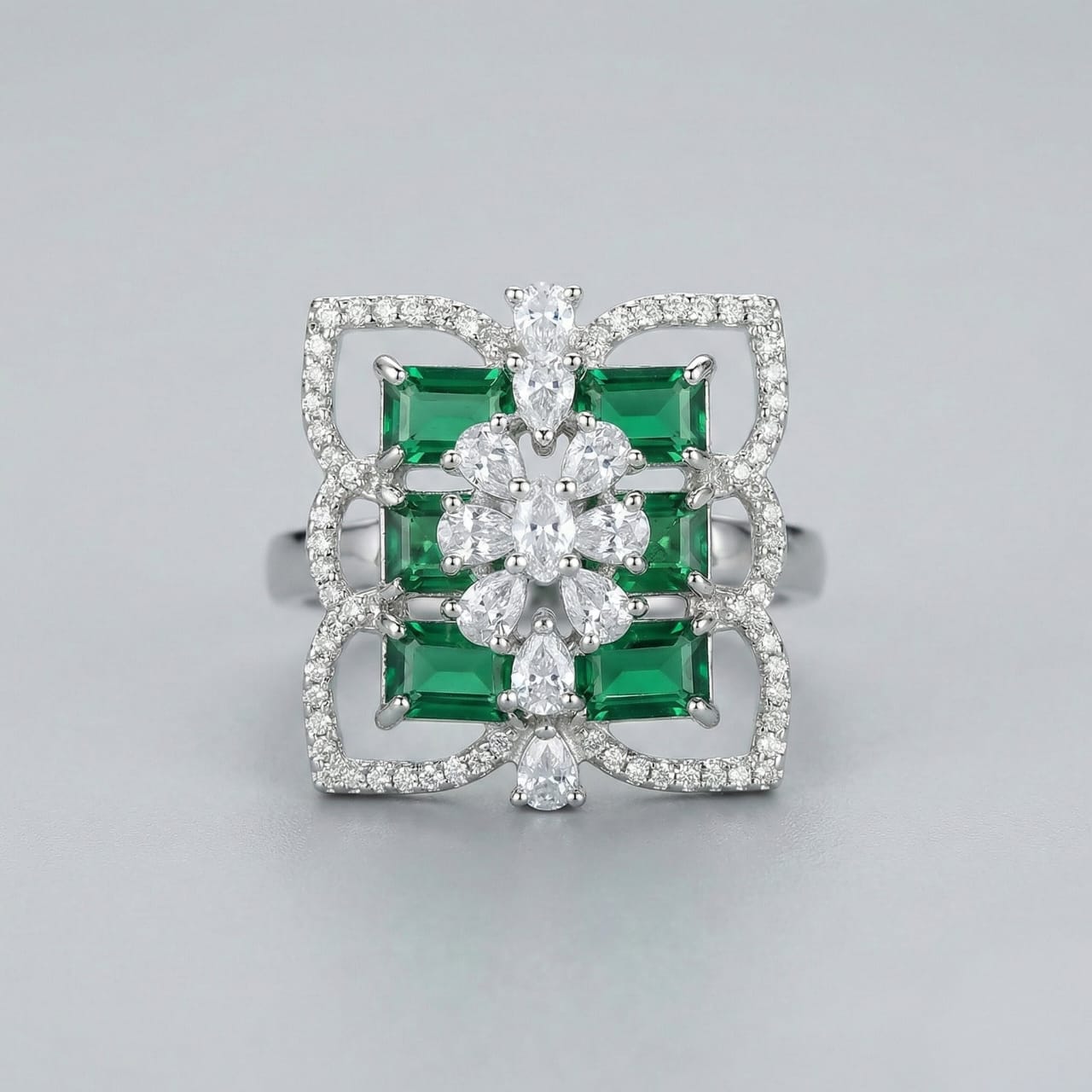 Emerald Green Stone Silver-Tone Statement Cocktail Ring
