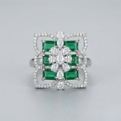 Emerald Green Stone Silver-Tone Statement Cocktail Ring