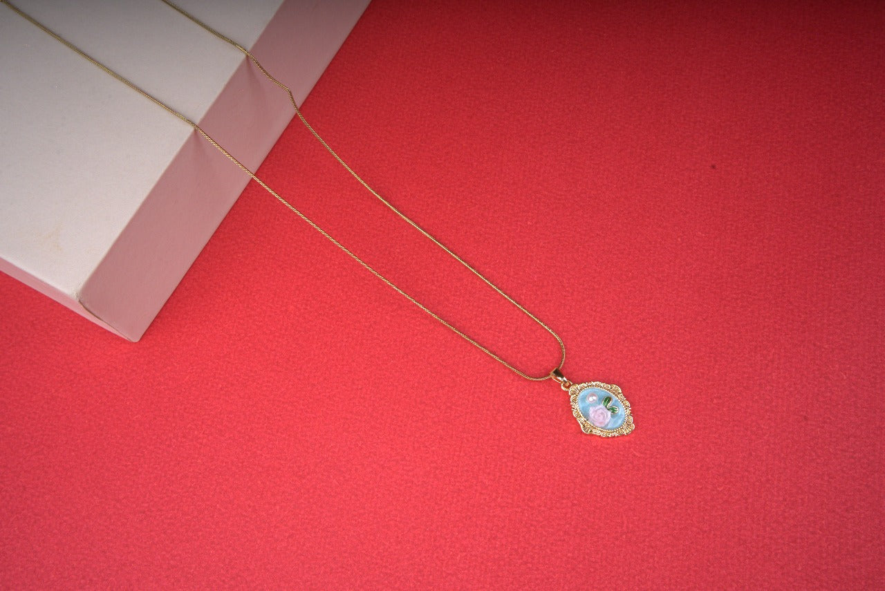 Blue rose pendant necklace with gold frame - Revaaj