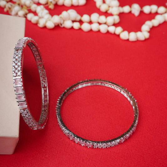 Set of silver bangles with rectangular stones and diamond-cut detailing - Revaaj