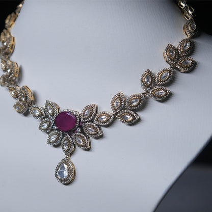 Royal Ruby Floral Necklace Set with Earrings