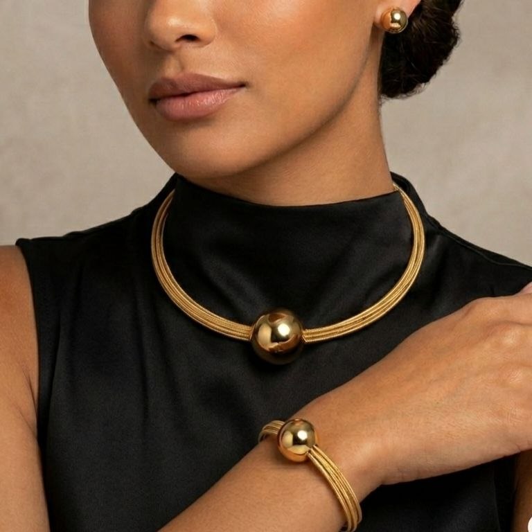 Revaaj Gilded Orb Luxe Jewelry Set - Choker, Bracelet & Earrings
