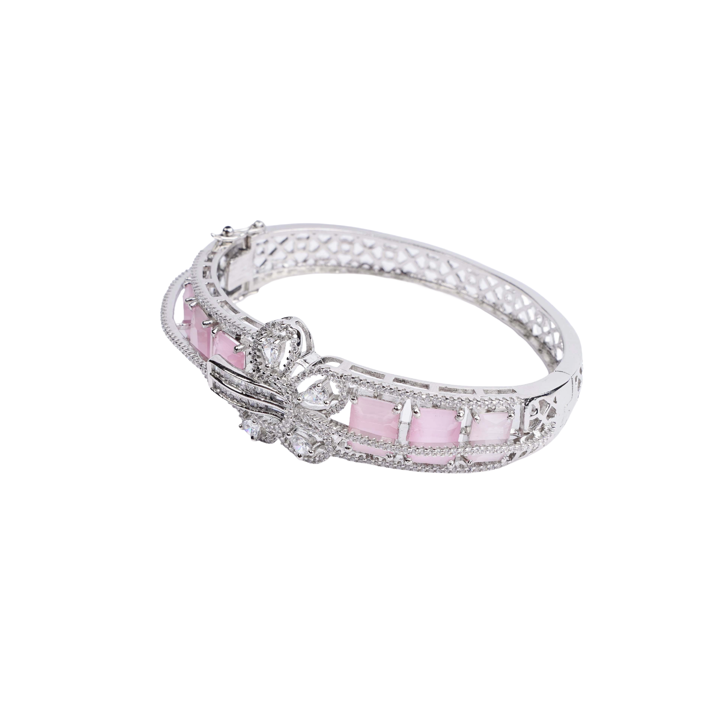 Silver-tone hinged bracelet with a row of pale pink gemstones, a central crystal-encrusted bow, and a crystal-paved band white image - Revaaj