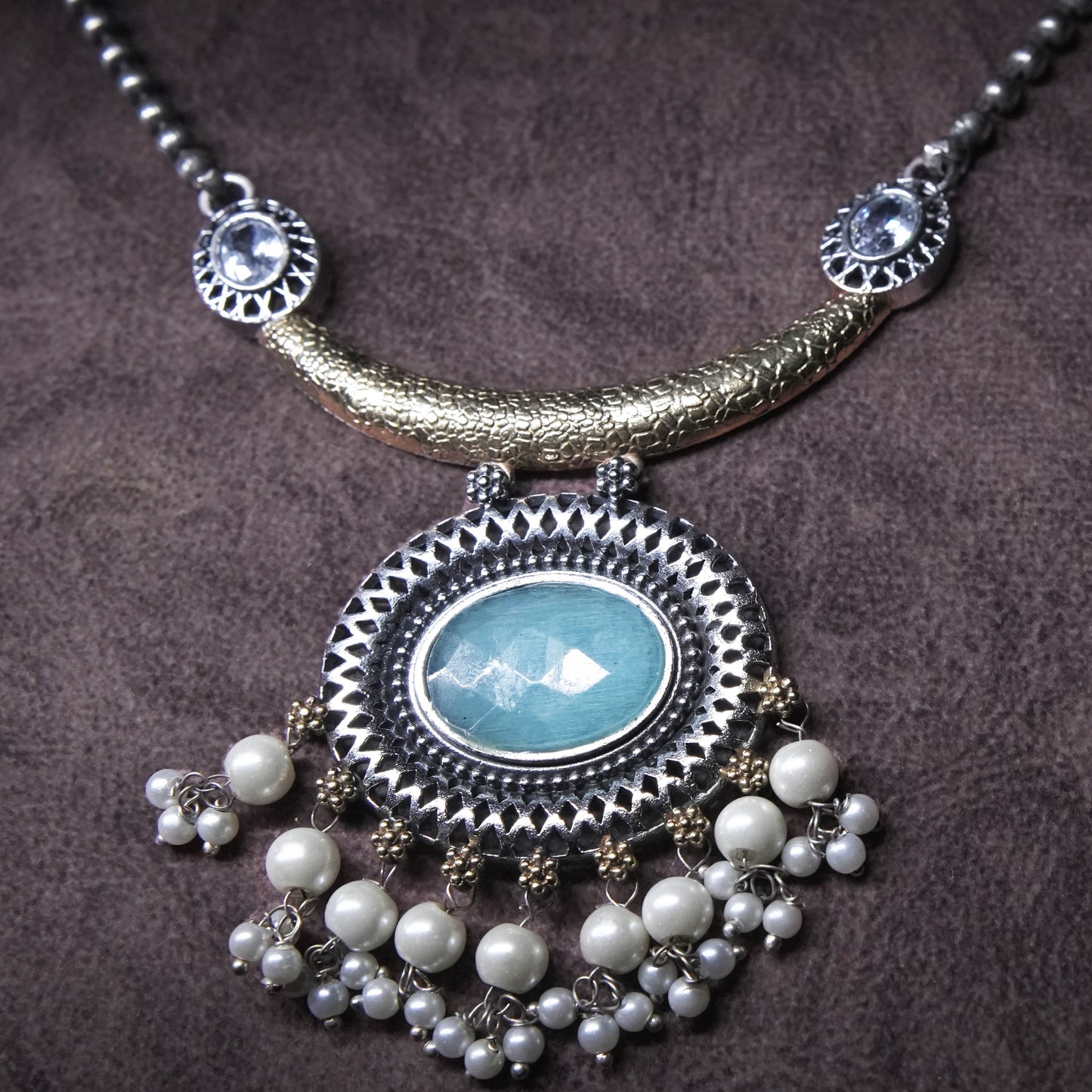 Vintage Oxidized Silver Necklace Set with Mint Green Stone & Pearl Drops
