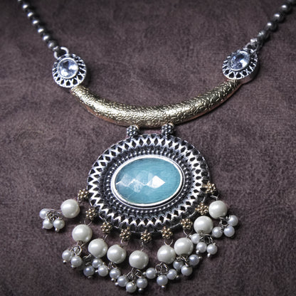 Vintage Oxidized Silver Necklace Set with Mint Green Stone & Pearl Drops