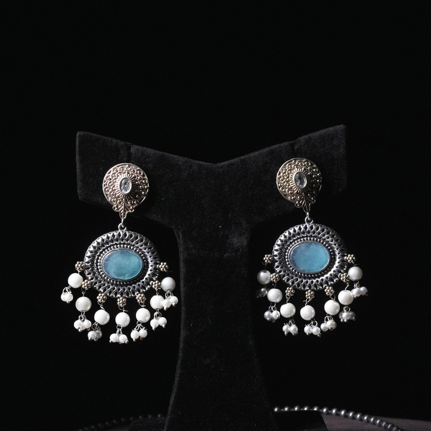 Vintage Oxidized Silver Necklace Set with Mint Green Stone & Pearl Drops