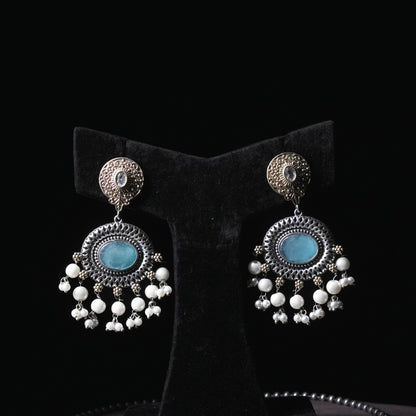 Vintage Oxidized Silver Necklace Set with Mint Green Stone & Pearl Drops