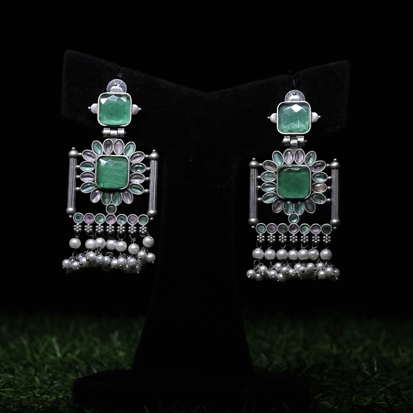 Oxidized Silver Green Stone Chandbali Earrings with Pearl Drops