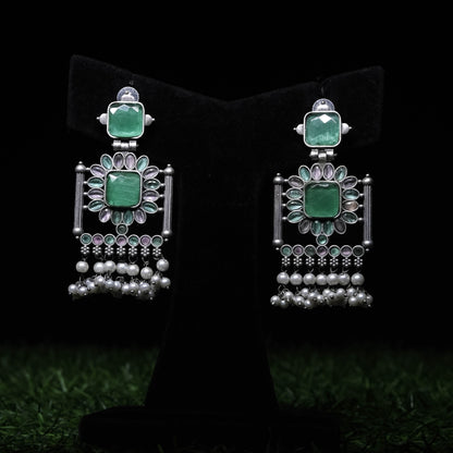 Oxidized Silver Green Stone Chandbali Earrings with Pearl Drops