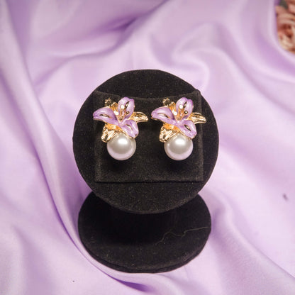 Purple Floral Pearl Stud Earrings