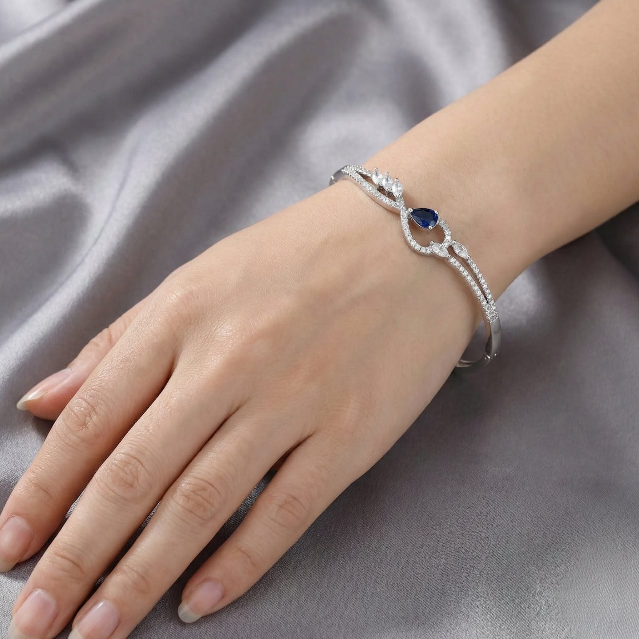Silver-Tone Blue Crystal Elegant Bangle