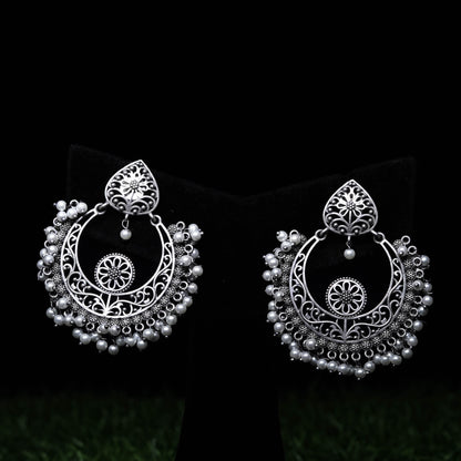 Oxidized Silver Chandbali Earrings with Pearl Beads