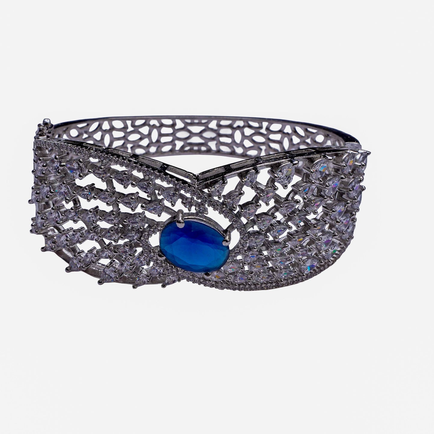 Blue oval crystal bracelet with lattice design and clear crystals third view - Revaaj