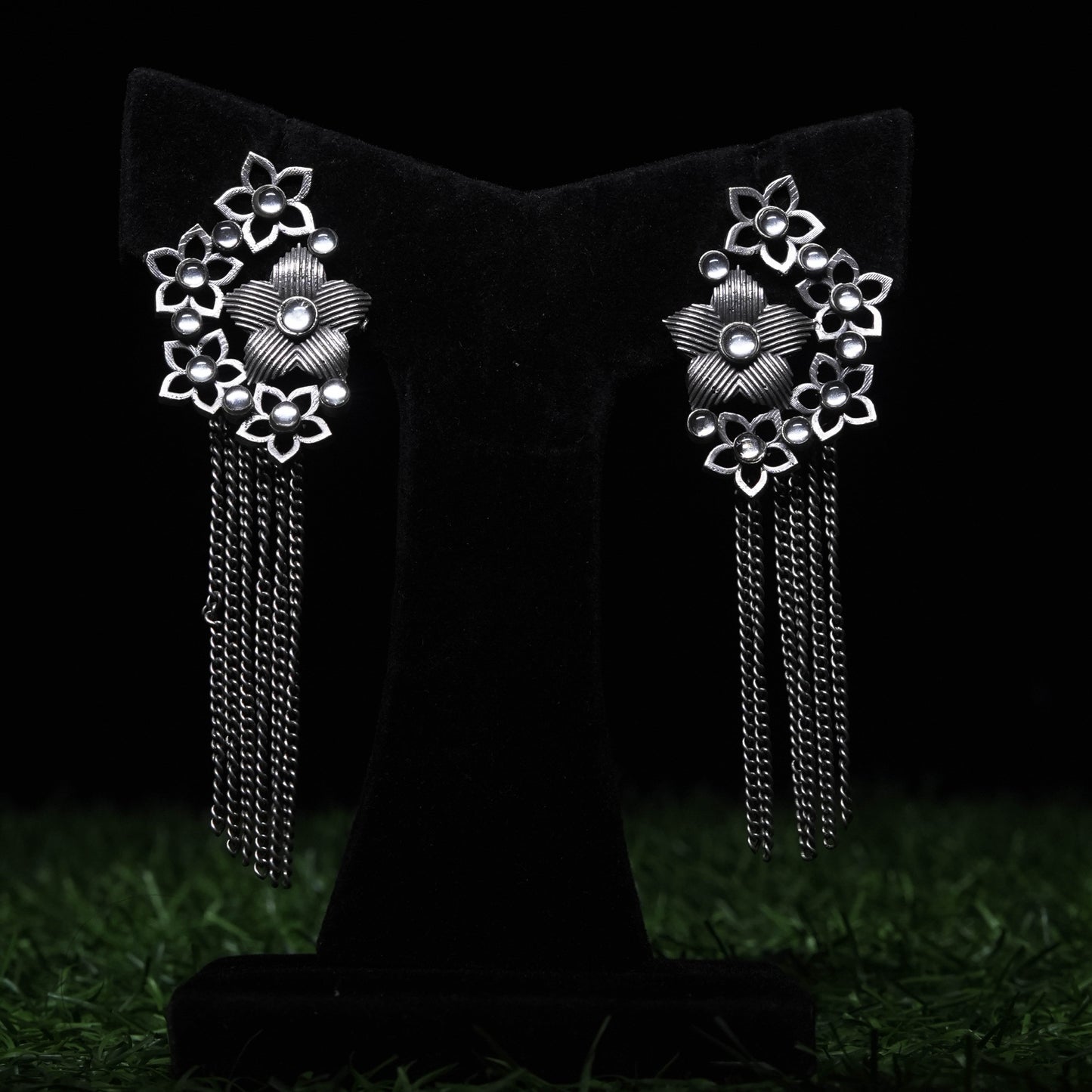Oxidized Silver Floral Tassel Earrings with Pearl Accents