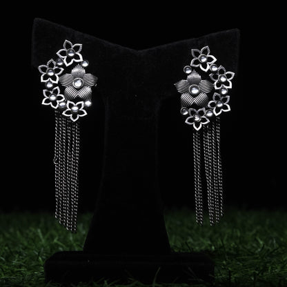 Oxidized Silver Floral Tassel Earrings with Pearl Accents