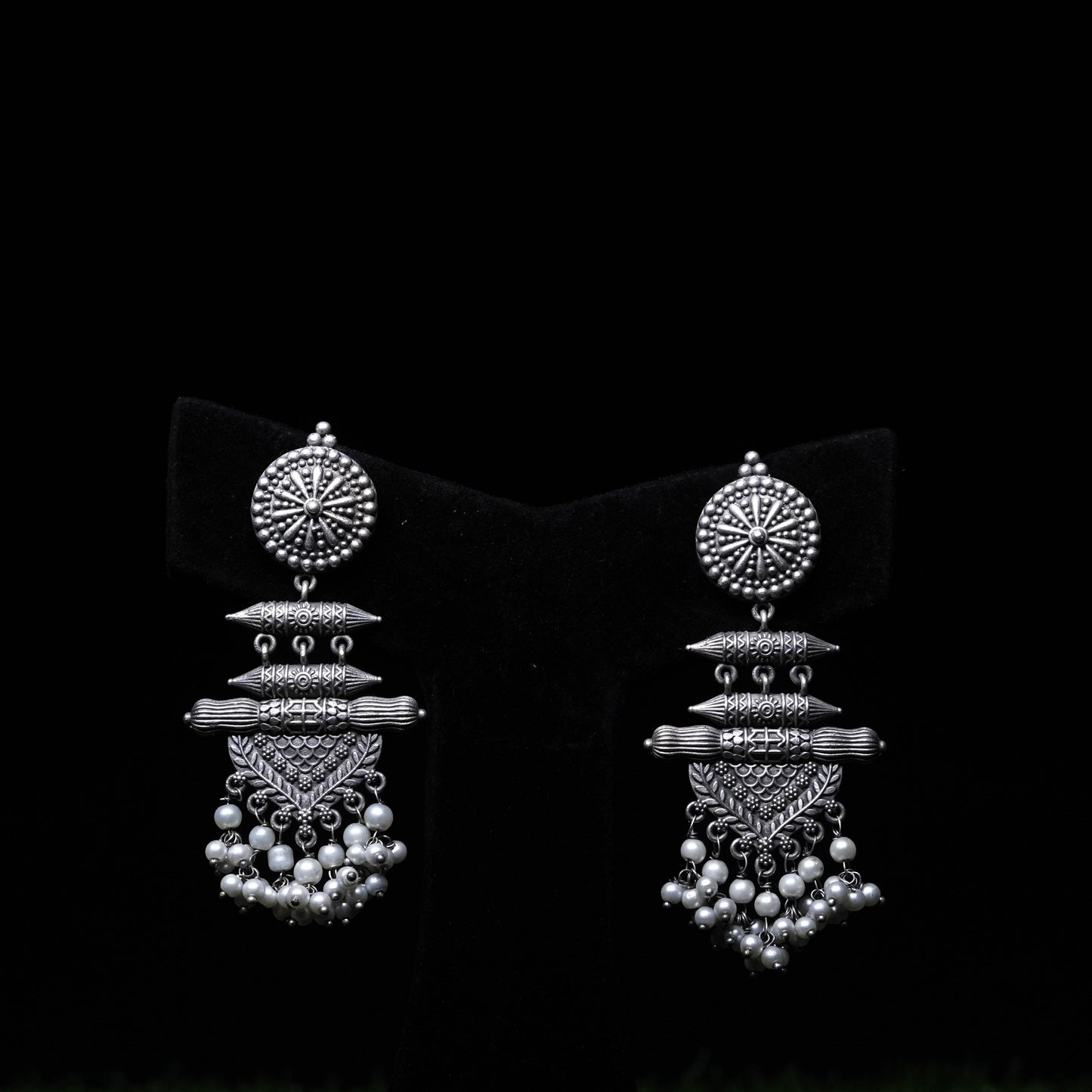 Oxidized Silver Tribal Dangler Earrings with Pearl Drops