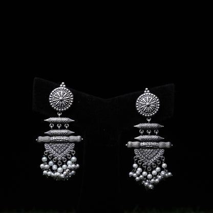 Oxidized Silver Tribal Dangler Earrings with Pearl Drops