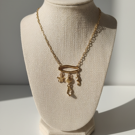 Gold-Plated Sea Charm Necklace with Starfish, Shell, Seahorse, and Pearl Drop
