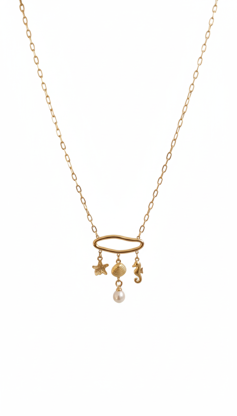 Gold-Plated Sea Charm Necklace with Starfish, Shell, Seahorse, and Pearl Drop white