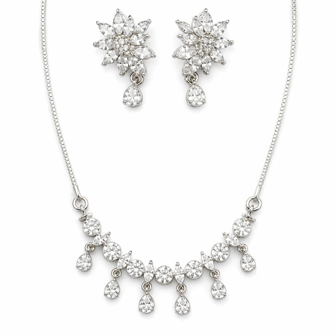 Zircon Floral Teardrop Necklace Set | Revaaj