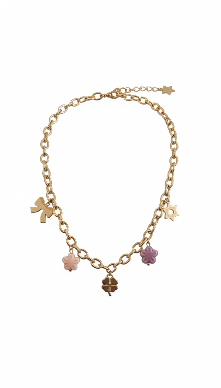 Gold-Plated Charm Necklace with Bow, Star, and Floral Pendants and Pink-Purple Bead Accents white