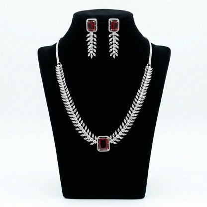 Premium Silver American Diamond Necklace Set with Red Emerald-Cut Stone & Matching Earrings | Wedding & Party Jewelry for Women