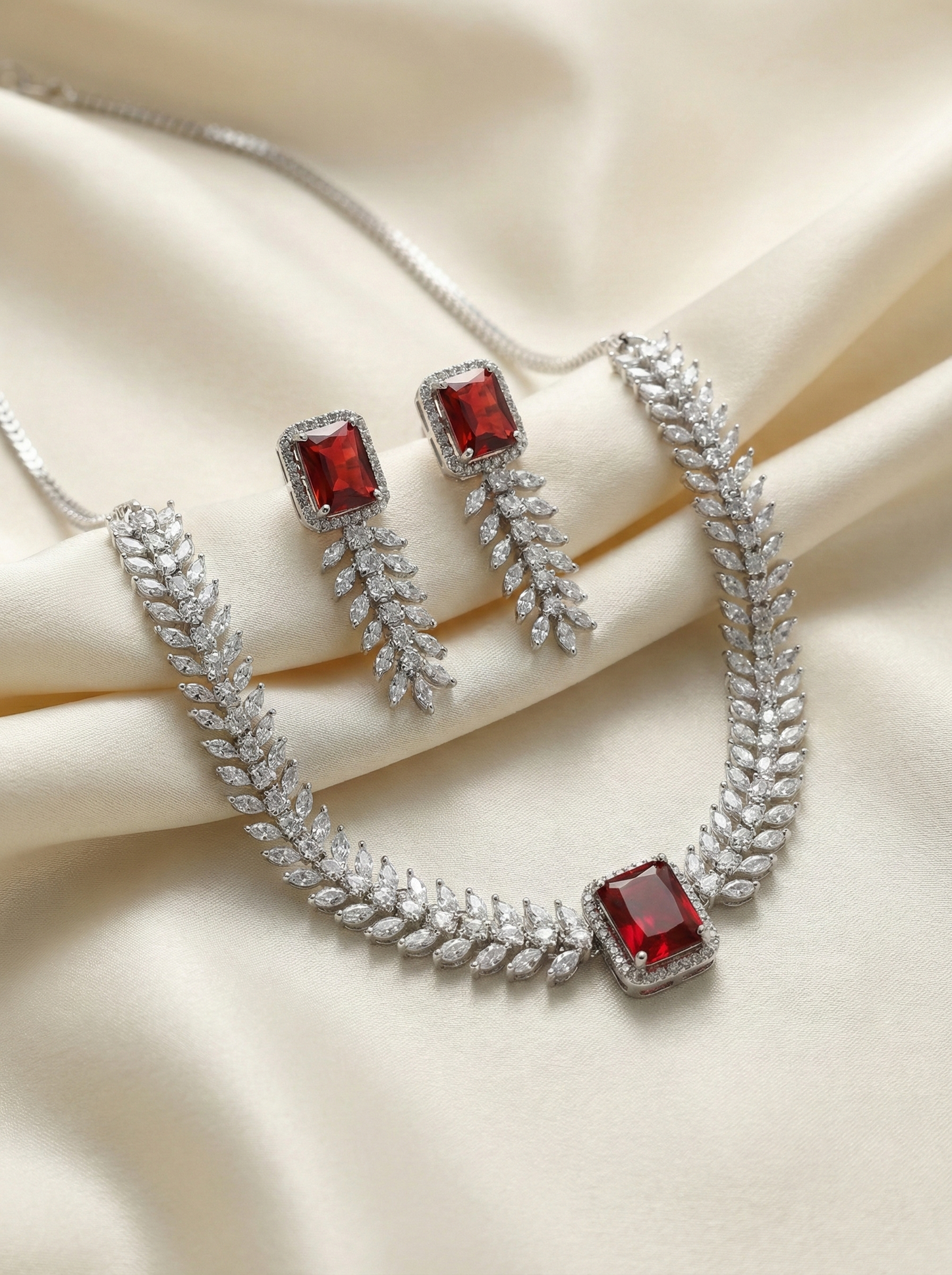 Premium Silver American Diamond Necklace Set with Red Emerald-Cut Stone & Matching Earrings | Wedding & Party Jewelry for Women