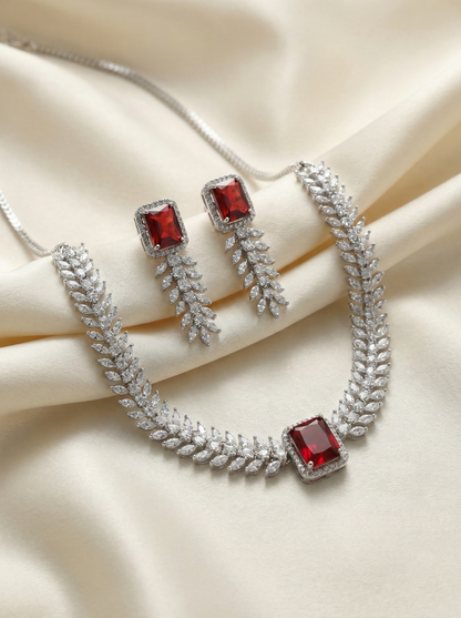 Premium Silver American Diamond Necklace Set with Red Emerald-Cut Stone & Matching Earrings | Wedding & Party Jewelry for Women