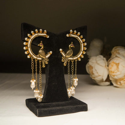 Antique Gold Peacock Chandbali Earrings with Pearl Drops