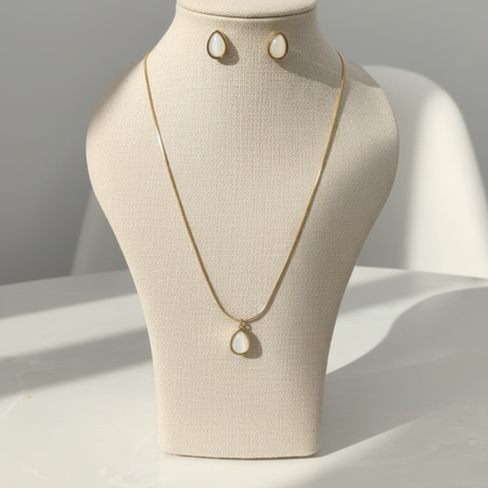 Gold-Plated Teardrop Pearl Pendant Necklace with Matching Stud Earrings Set