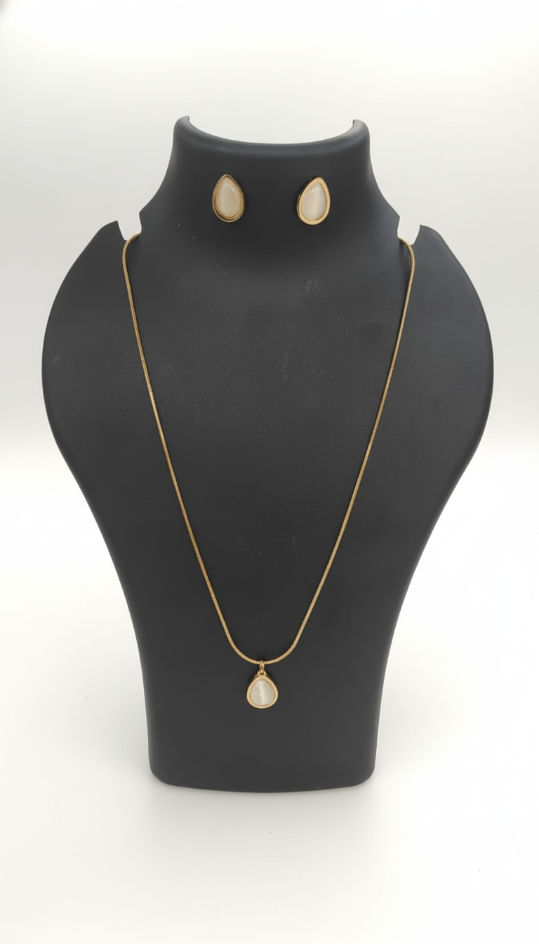 Gold-Plated Teardrop Pearl Pendant Necklace with Matching Stud Earrings Set white