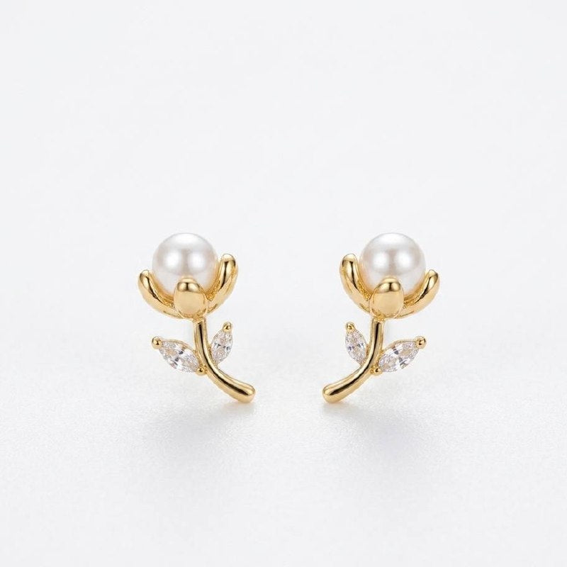 Revaaj Golden Petal Pearl & Zirconia Stud Earrings