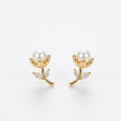 Revaaj Golden Petal Pearl & Zirconia Stud Earrings