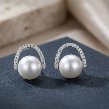 Pearl Zircon Arch Stud Earrings | Revaaj