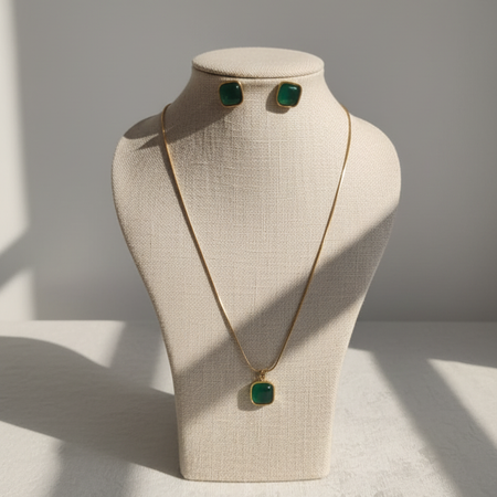 Gold-Plated Green Stone Pendant Necklace with Matching Stud Earrings Set