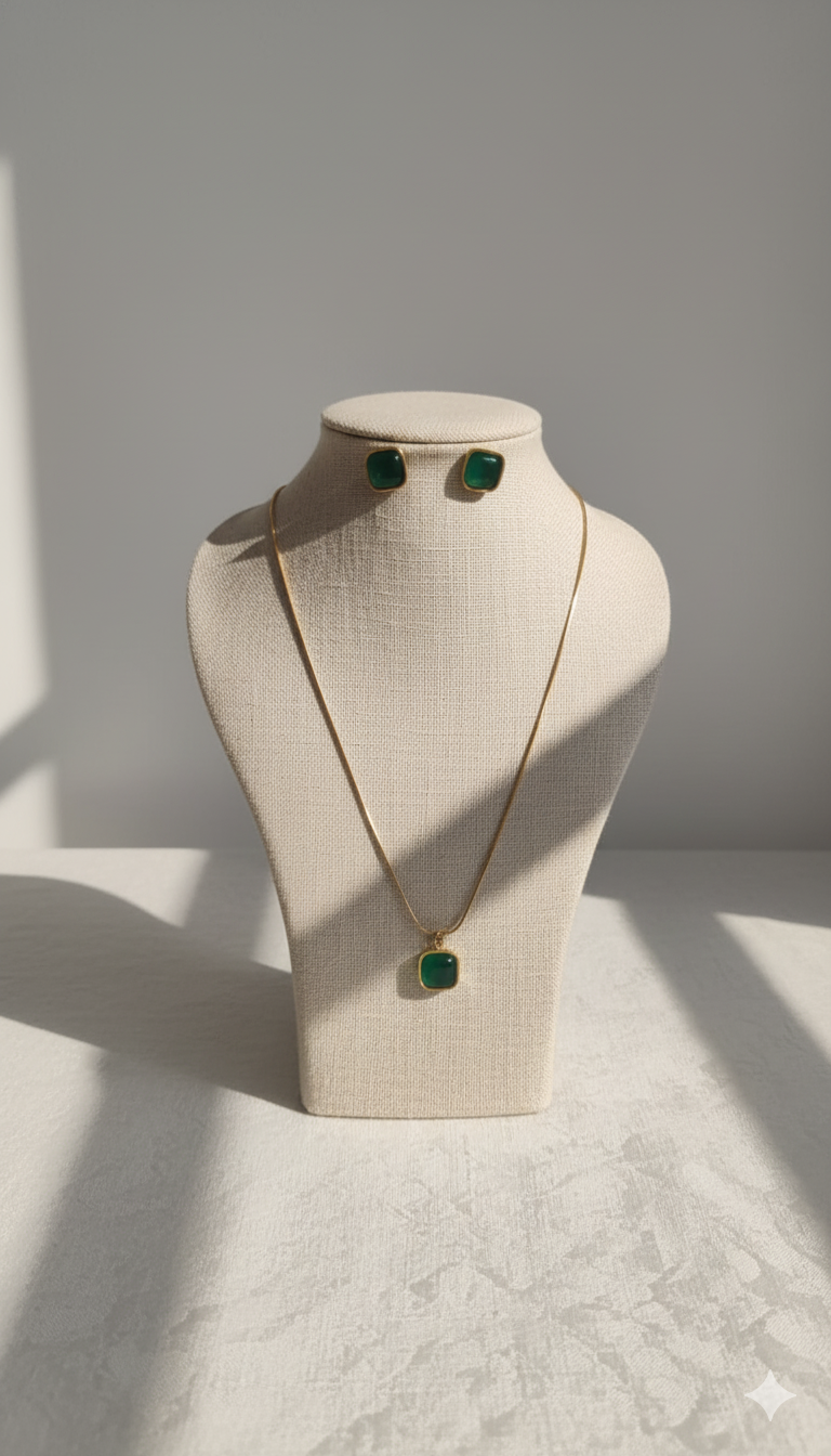 Gold-Plated Green Stone Pendant Necklace with Matching Stud Earrings Set