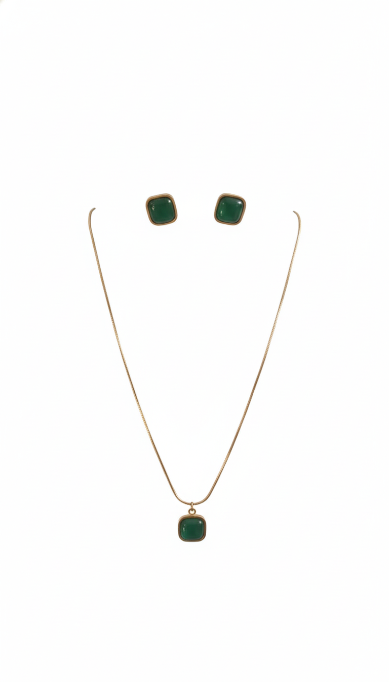 Gold-Plated Green Stone Pendant Necklace with Matching Stud Earrings Set white