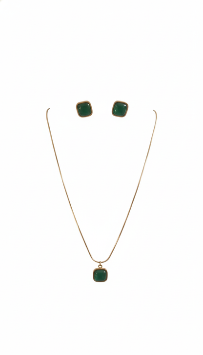 Gold-Plated Green Stone Pendant Necklace with Matching Stud Earrings Set white