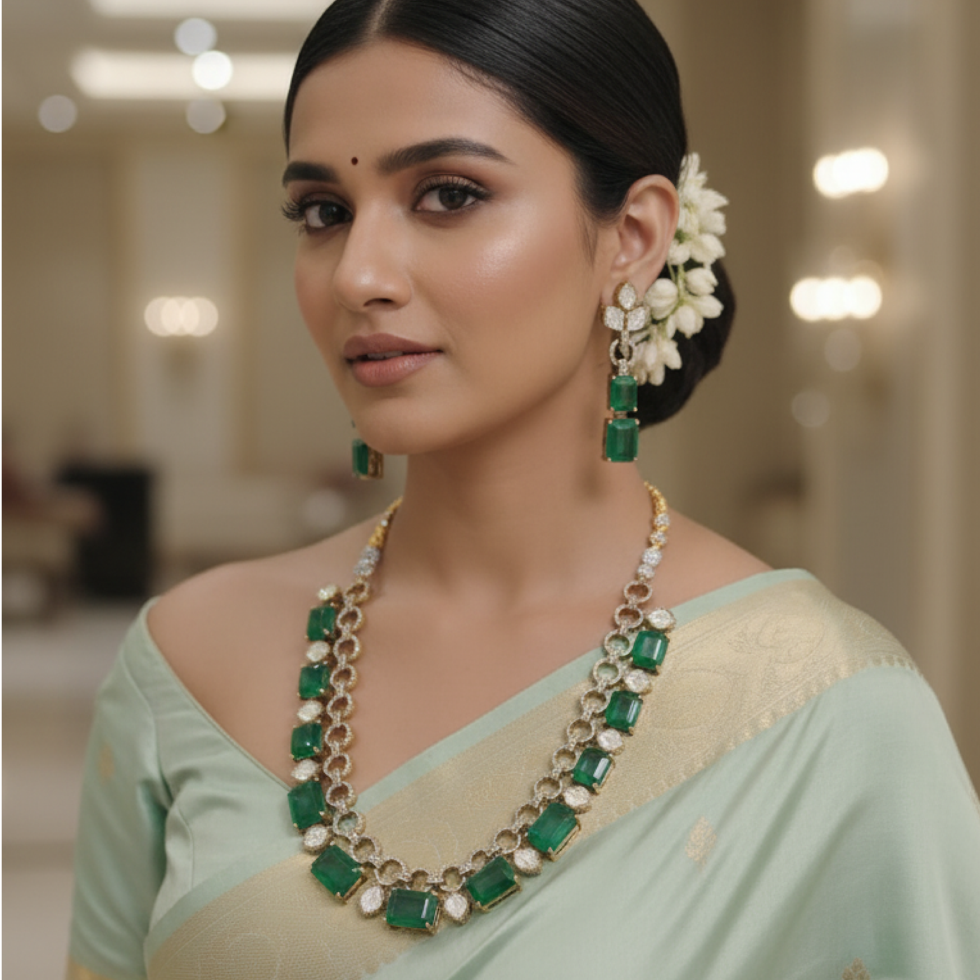 Emerald gold necklace set with matching earrings featuring green stones and diamond accents on satin background stand