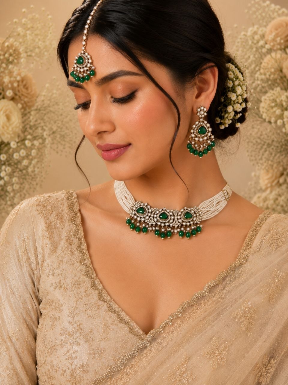 Emerald green kundan choker necklace set with white pearl tassels, matching drop earrings and maang tikka displayed on beige silk fabric with flowers 2