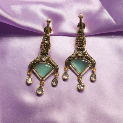 Temple Design Mint Drop Earrings with Kundan Accents