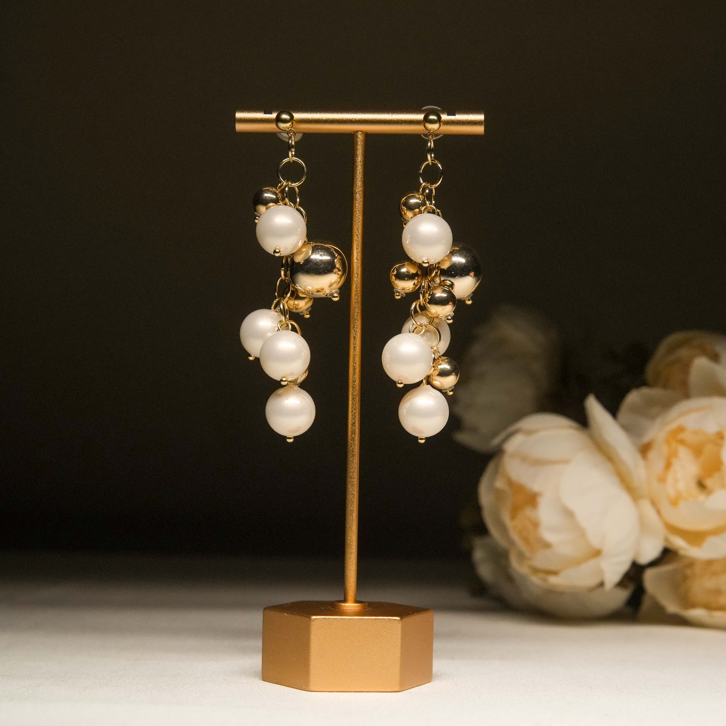 Cascading Pearl & Gold Bead Drop Earrings