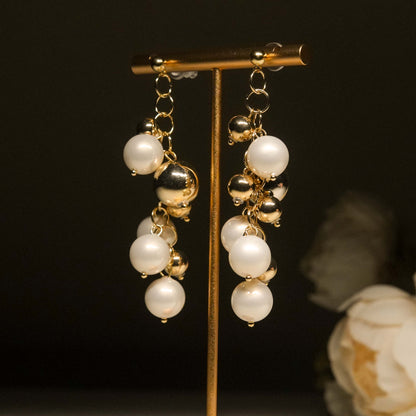 Cascading Pearl & Gold Bead Drop Earrings