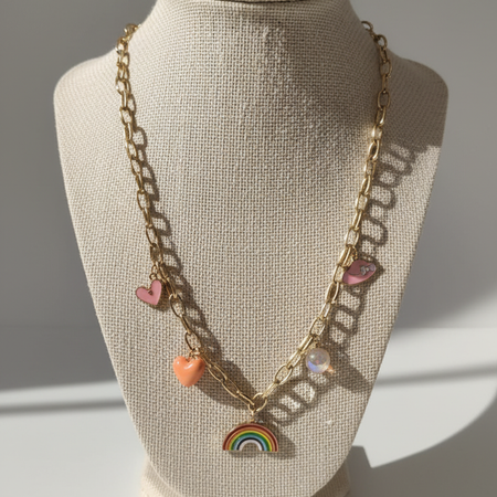 Gold-Plated Rainbow Charm Necklace with Colorful Heart Pendants and Enamel Design