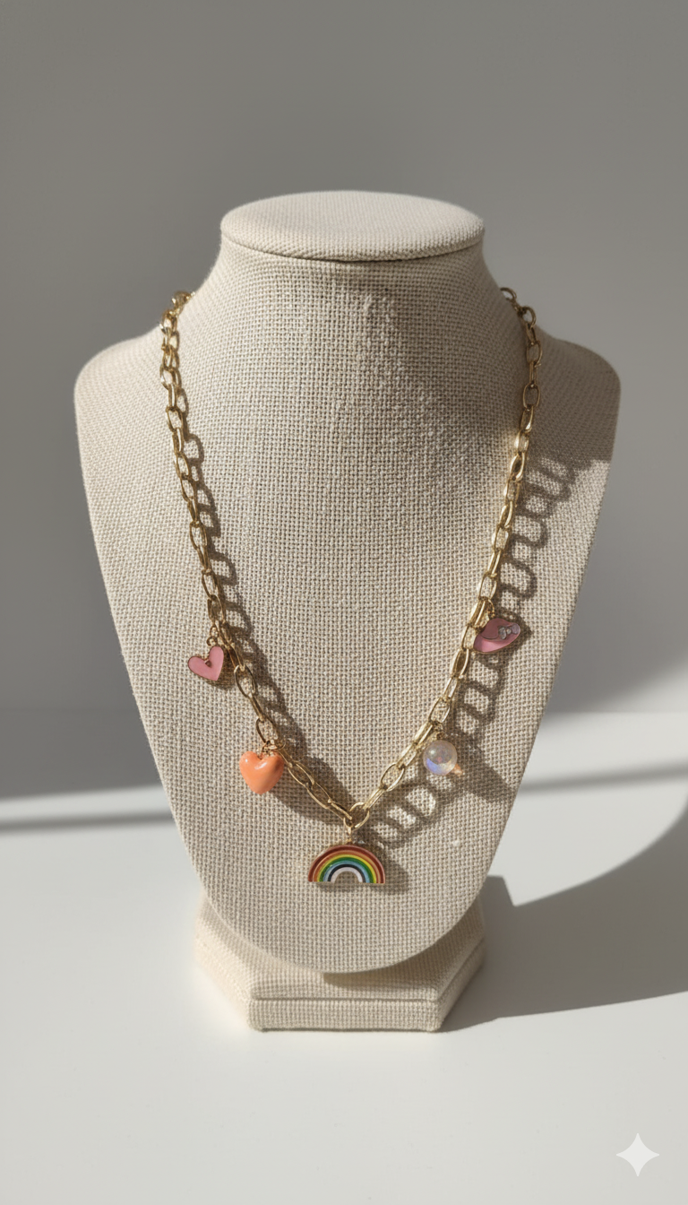 Gold-Plated Rainbow Charm Necklace with Colorful Heart Pendants and Enamel Design