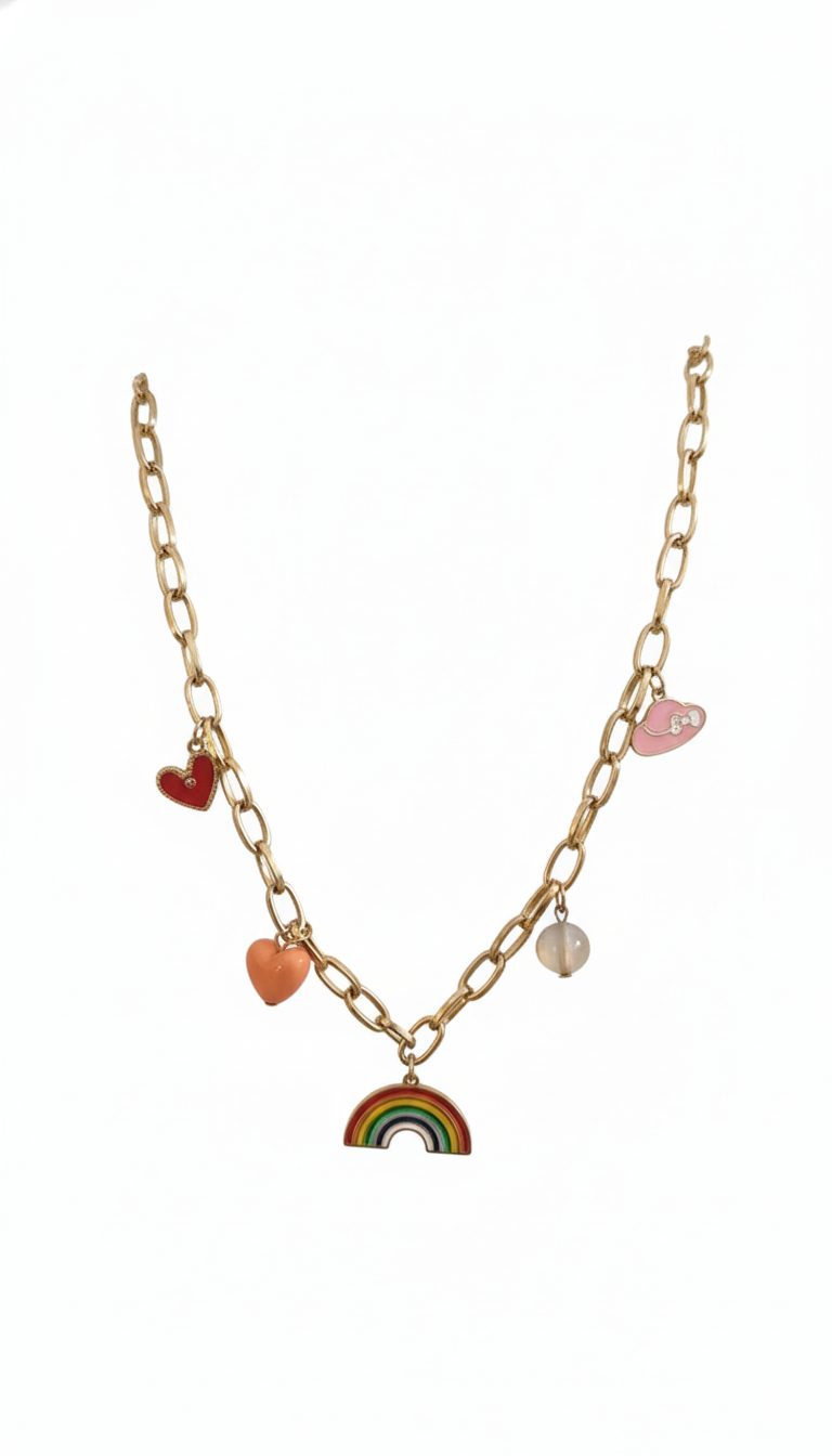 Gold-Plated Rainbow Charm Necklace with Colorful Heart Pendants and Enamel Design white